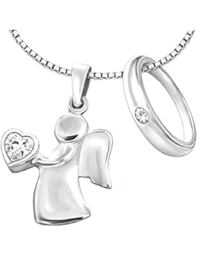CLEVER SCHMUCK-SET 2 Silberne Anhänger Engel 15 mm mit Zirkonia weiß in der Hand und Taufring Ø 12 mm schlicht...