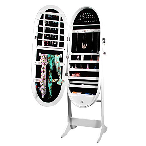 Preisvergleich Produktbild soges Schmuckschrank mit abschließbarer Spiegeltür, 48 * 37 * 156cm Spiegelschrank Schmuckregal Winkel Einstellbar Schmuckkasten Holz, Weiß L016-W