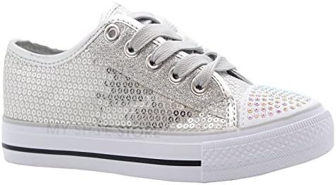 Yes Gameon Yesgameon Girls Diamante Sequin Canvas Shoes Childrens Casual Pumps plimsolls Sneakers Trainers Color Silver Size UK 13 EU 32 US 1