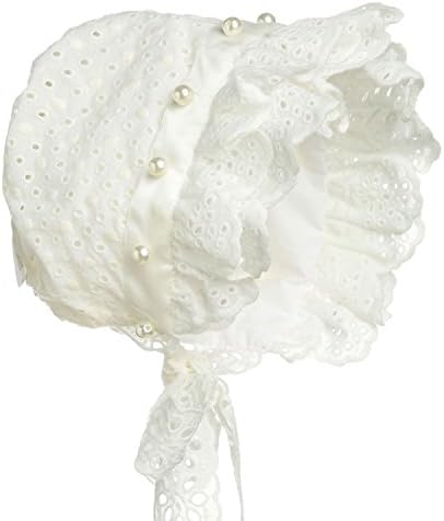 Hanakimi® Closed Back Lacy Eyelet Bonnet with Pearls Handmade KM005 (XS/3M)