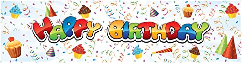 Partymoods - Happy Birthday Banner - Giant Size, Multicoloured Cupcakes Streamers Hats Design - Stunning Birthday Decorations, Durable & Reusable Party Decor - 183cm x 46cm