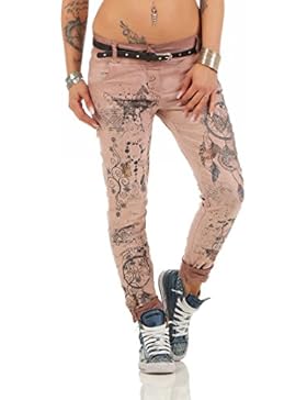ZARMEXX Damen Boyfriend Baggy Hose Jeanshose Jeggings Stretch Chinohose mit Gürtel Dream Catcher-Butterfly Print