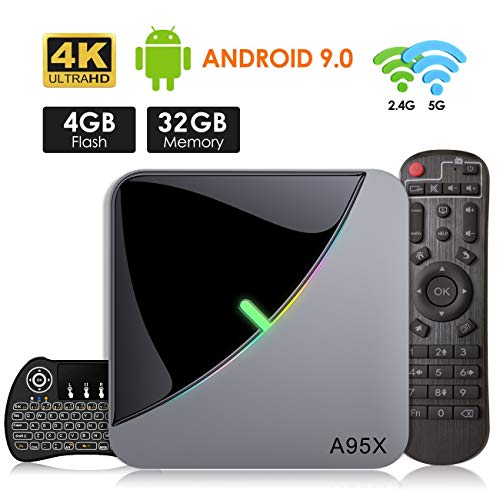 A95X Android 9.0 TV Box[4GB RAM+32GB ROM]Quad-core Cortex-A55 Amlogic S905X3 4K Ultra HD Bluetooth 4.2 Dual Band WiFi 2.4G/5GHz Ethernet Network10/100Mwith Wireless Mini Backlit Keyboard Smart TV Box