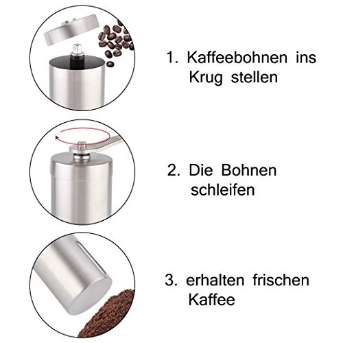 SIEGES Manuelle Kaffeemühle Edelstahl aus Keramikmahlwerk für einen authentischen Geschmack (Silber) - 3
