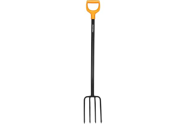 Fiskars Fourche à bêcher pour sols durs et caillouteux, Avec 4 dents, Longueur : 120 cm, Manche en acier de haute qualité, Noir/Orange, Solid, 1070673