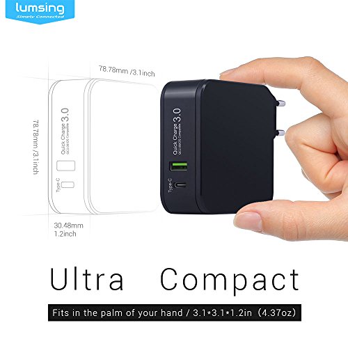 Lumsing Dual Port 18W Quick Charge 3,0 USB Wandladegerät +29W USB C Ladegerät Wand Ladeadapter für Apple Macbook, Google Nexus 6P, HTC 10, Galaxz S7, LG G5 und andere Smartphone Geräte(Schwarz) - 5