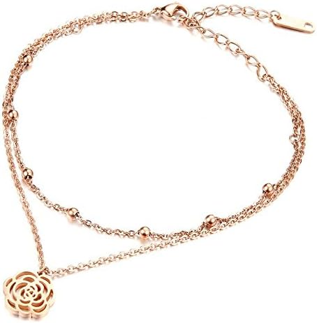 Hollow Ankle Bracelets Camellia Two Layers Rose Gold Titanium Steel Ladies Foot Chain,OneColor-OneSize
