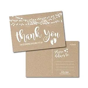 Hadley Designs 25 Girl or Boy Rustic Baby Shower Thank You Note Card Bulk Set, Blank Cute Kraft Gender Reveal Neutral Sprinkle Postcards, No Envelope Needed For Party Gift Personalize Printable Cardst