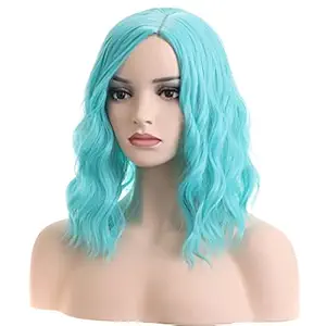 BERON Shoulder Length Curly Wig Charming Women Girls Beach Wave Wigs for Cosplay Party or Daily Use Wig Cap Included (Light Blue)