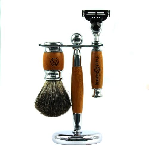 Frank Shaving Luxury Shaving Gift Set Kit with Mach 3 Style Razor, Pure Badger Hair Shaving Brush &amp; Quality Chrome Stand