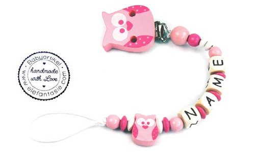 PREMIUM Schnullerkette mit Namen HOLZ Modell Eule TOTAL rosa - 3