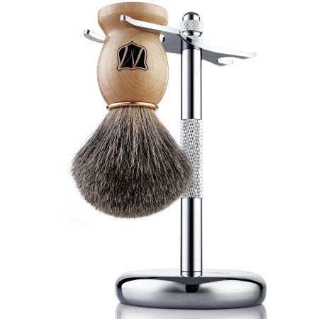 Miusco Premium 100% Pure Badger Hair Shaving Brush and Luxury Shaving Stand Set, Chrome Stand, Wooden Brush
