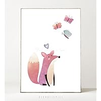 Kunstdruck / Poster FUCHS & SCHMETTERLING -ungerahmt- Tier, Fuchs, Waldtier, Kinderzimmer, Geschenk, Geburtstag, Taufe, Kind, Muster, Liebe, Natur