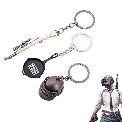 MOGOI PUBG Key Ring, 3 PCS Small PUBG Keychain Playerunknown's Battlegrounds Level 3 Helmet/Gun / Pan KeyChain Accessories Keychain Charm Souvenir Gifts for Car Backpack Keys Wallet Pendant