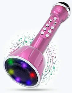 Pick Ur Needs Karaoke Mic with Led Light Wireless Bluetooth Microphone Connection Player Speaker 2 in 1 with Recording + USB + FM (Pink)