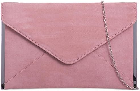 Pink Envelope Clutch Bag, Faux Suede Evening Bag Silver Tone Trim, Ladies Pale Light Dusky Pink Shoulder Bag, Prom Wedding Handbag