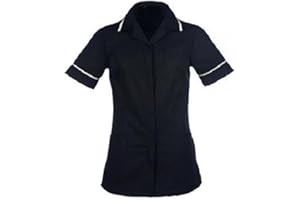 Instex Womens Nurses Healthcare Tunic, Dental Vet Salon, Black with White Trim, Pointed Collar INS32BL