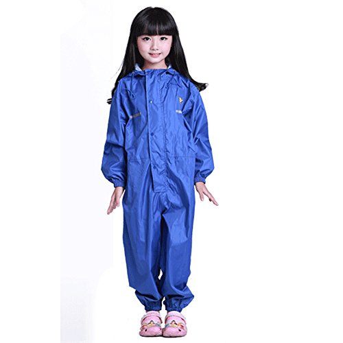 Kids Fully Waterproof Jacket & Trousers Suit Girls Boys Rain Coat Reflective Stripe Environmental Rainy Wear with Zipper in Red & Blue (Blue, XL)