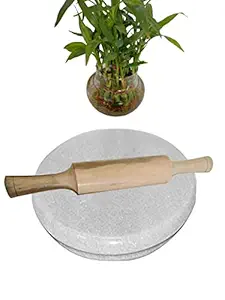 SWIYAM 100% Makrana Marble Chakla/Rolling Board/Roti Maker (Premium Finish) (White + Wooden Belan,) 9 Inch