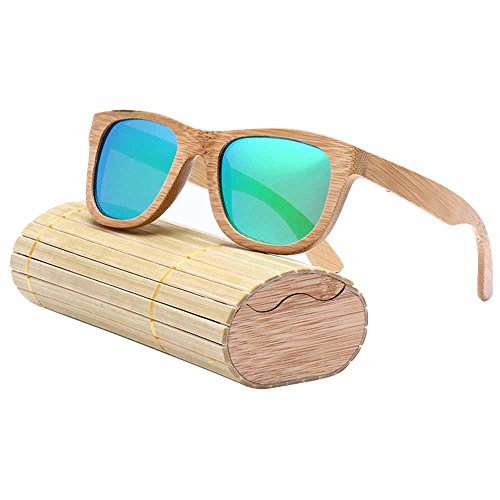 Gafas de sol polarizadas para hombre y mujer estilo 'vintage' con montura de bambú y caja de almacenamiento verde verde