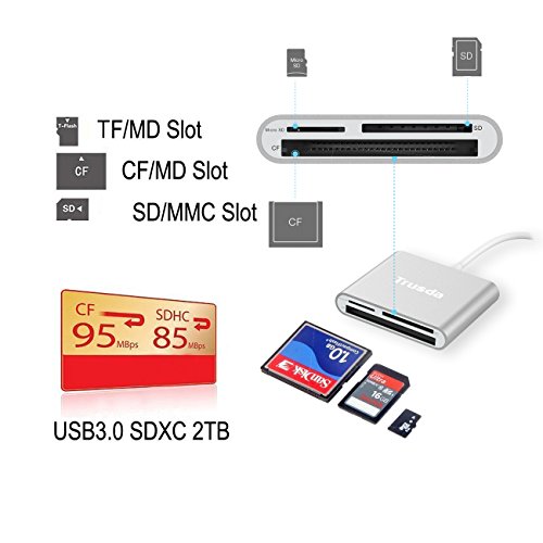 Trusda CR2C Type C superschnelles Aluminium-USB 3.0 3-in-1 Katenlesegerät für SD/CF/Mikro-SD – Silber - 3