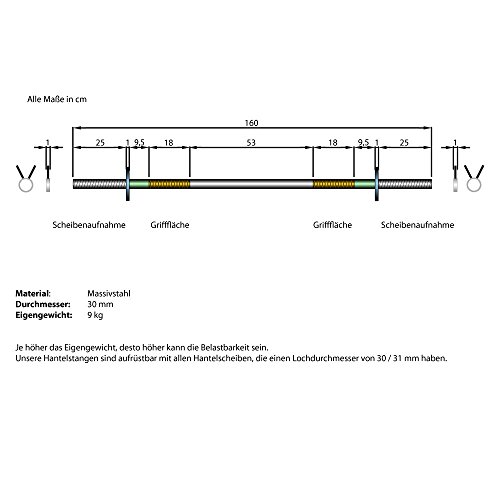 ScSPORTS Langhantel Langhantelstange 160 cm, massiver verchromter Stahl 9 kg, Durchmesser 30 mm, inklusive 2x Schnellverschluss - 2