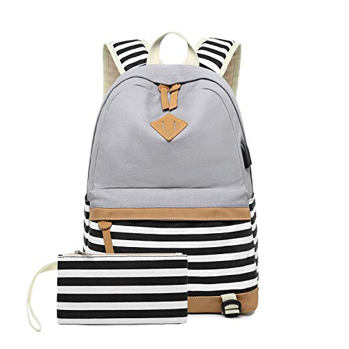 Girls Canvas School Backpack with USB Charging Port Casual Stripe Backpack for Teen Boys (Grey)