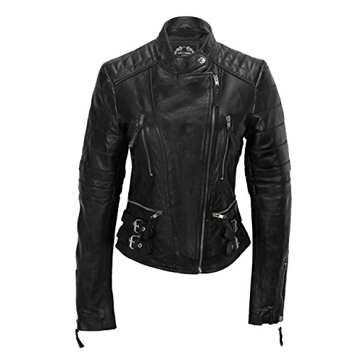 Ladies Women Vintage Soft Real Leather Biker Jacket Black Red