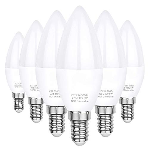 E14 LED Candle Lights, PURSNIC C37 E14 LED Bulbs, 3000K Warm White, 5W C37 (SES) Small Edison Screw Candle Bulb, Equivalent to 40W Incandescent Bulb, 400 Lumen, Non-Dimmable, 180°Beam Angle (6pack)