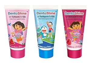 DentoShine Gel Toothpaste for Kids - Pack of 3 Flavors (Strawberry, Bubble Gum & Raspberry, 80 g each)
