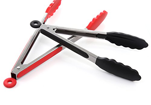 iNeibo Kitchen grillzange/küchenzange/servierzange/universal zange aus hochwertigem edelstahl und lebensmittelqualität silikon- rutchfest & hitzebeständig mit intelligenten sicherungsclip. Perfekter küchenhelfer zum kochen, servieren, Grill, Buffet, salat, Eis, Ofen (Schwarz / 23cm) - 4