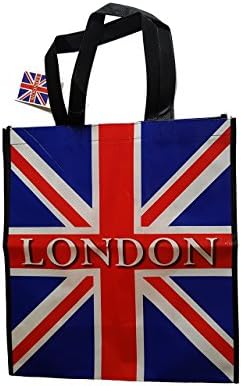 Union Jack Bag with White London Word - Tote Reusable Bag / British UK Souvenir / Great for Beach / Shopping / Picnic / Red White Blue Flag / Black Sides / Nylon with Sturdy Stitches