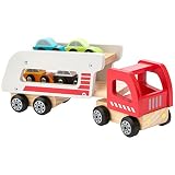 Ultrakidz Autotransporter aus Naturholz mit 4 Autos und abnehmbarem Anhänger