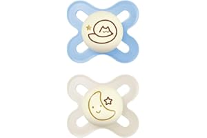 MAM Original Start Night Succhietto 0-2 Mesi (Set da 2), Ciuccio MAM 0-2 mesi che si illumina al buio con tettarella in silicone, Kit da 2 accessori neonato con porta ciuccio sterilizzatore, Azzurro