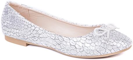 Ladies &amp; Girls Flat Ballerina Shoes &amp; Pumps By London Shoe Co - CASUAL WORK EVENING (8 UK, Silver Faux Snake)