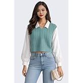Regular Fit Collared Knit Top for Women, Long Sleeve Casual T-Shirt, Black and White, Rib-Knit Material, Korean Trendy Style
