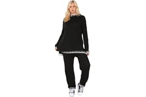 Grunge Wear® Women’s Knitted Stitched Contrast Jumper and Trouser 2 Pcs Set - Ladies Long Sleeve Knit Sweater Wide Leg Bottoms Winter Warm Co-Ord Tracksuit Fashion Loungewear Suit Plus Size 8-20