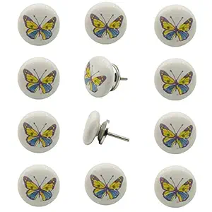 Decokrafts Beautiful Hand Painted Butterfly Round Ceramic Knobs for Cabinets and Kids Room (Multi Color)- Pack of 12 Pieces