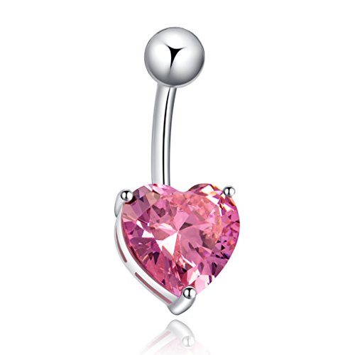 ELENXS Women Girls Rhineston Heart Shape Barbell Navel Belly Button Ring Bar Body Piercing Jewelry Pink