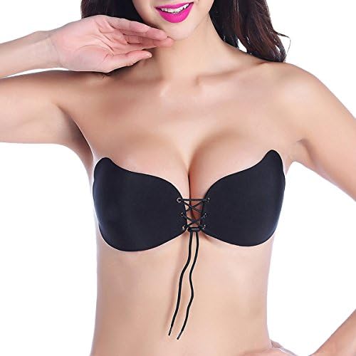 TinTop Push-up Bra Backless Silicone Strapless Bra Biological Gel Invisible Magic Bra Reusable Self Adhesive Bra With Drawstring For Womens (Black)