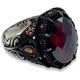AgaKulche Silver Men's Red Stone Drop Pattern Ring