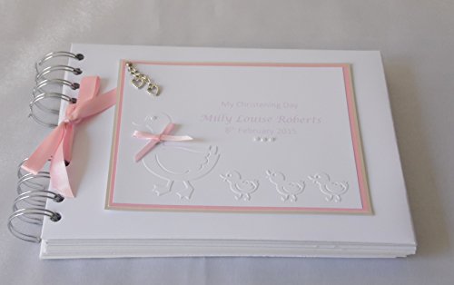 Baby Girl Christening Naming Day Personalised Guest Book Album Scrapbook A5 gift boxed pink with embossed ducks.great christening gift