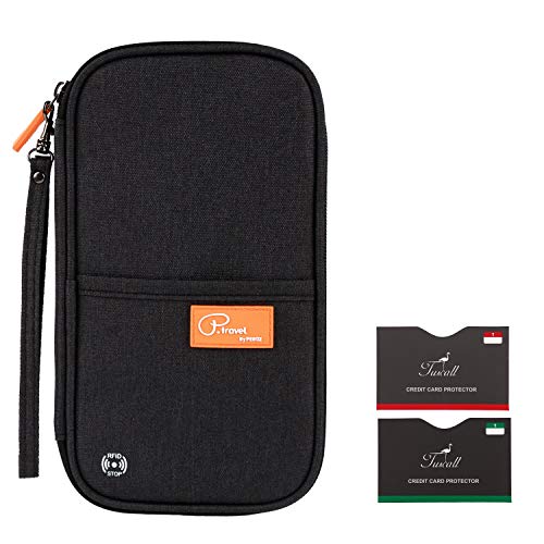 Tuscall Portafoglio da Viaggio con Blocco RFID Porta Passaporto Documenti Pochette Unisex con chiusure tramite zip per Carta di Credito, Biglietti, Cellulare (Nero)