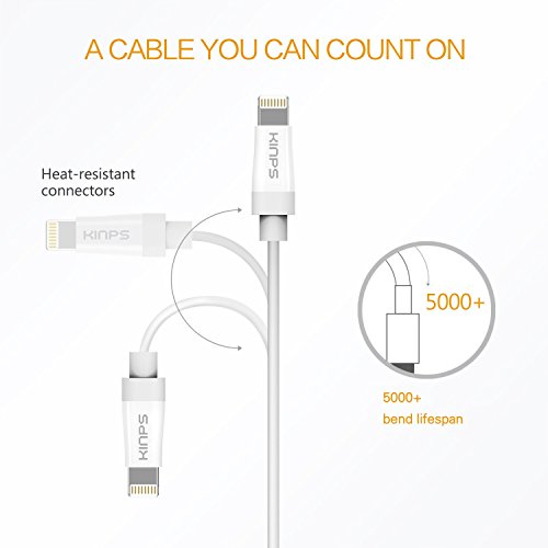 [Apple MFi Zertifiziert] Kinps 10ft / 3m extralanges 8-poliges USB-Kabel mit Lightning Stecker für Apple iPhone 5 / 5s / 5c / 6/6 Plus, iPod 7, iPad Mini / Mini 2 / Mini 3, iPad Air / iPad Air 2（Weiß） - 2