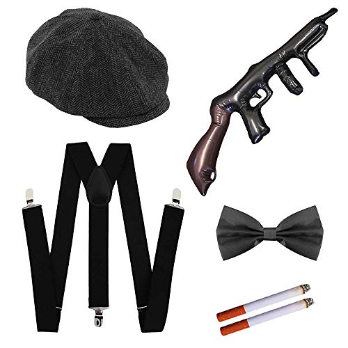 ILOVEFANCYDRESS MENS DELUXE 1920'S GANGSTER SET - 60CM GREY VICTORIAN HERRINGBONE FLAT CAP + FAKE CIGARETTE + BLACK BRACES + BLACK SATIN BOW TIE + INFLATABLE TOMMY GUN
