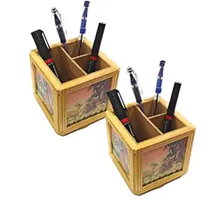 Rv_Home Decor Beautifully Designed showpiece Cube Wooden Pen Stand Art Collection, 6 x 6 x 9 cm, (Set of 3)