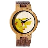 Pokemon Go Theme Holz Uhren Lederband Pikachu Design Bambus Uhr Quarz Armbanduhr