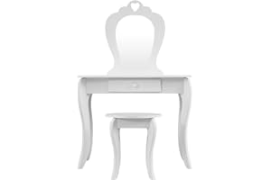 Colorstone Girls Dressing Table with Mirror and Stool,Children's Dresser Table Chair Makeup Furniture for Bedroom Dressing Room Children's Room (White)