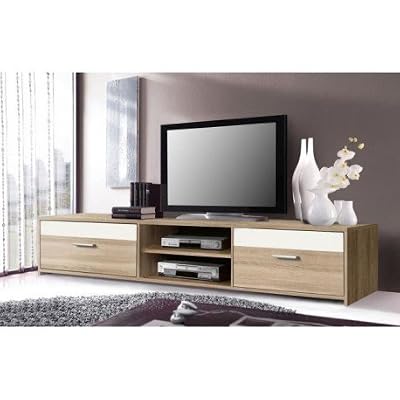 FINLANDEK Meuble TV KATSO 160cm décor chene sonoma et blanc brillant