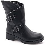 botas tipo militar mujer combinar  Angkorly - Zapatillas Moda Botines Botas Biker Motociclistas Botas Militares Classic Mujer Hebilla Tachonado metálico Tacón Ancho Alto 4 CM Ligeramente Forrada de Piel - Negro HQ2089 T 38